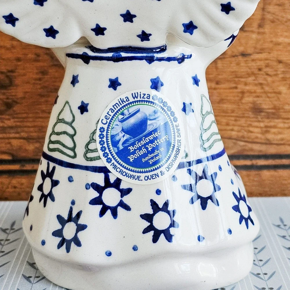 Vtg Polish Pottery Angel Taper Candle Holder Figurine Boleslawiec Cobalt Blue